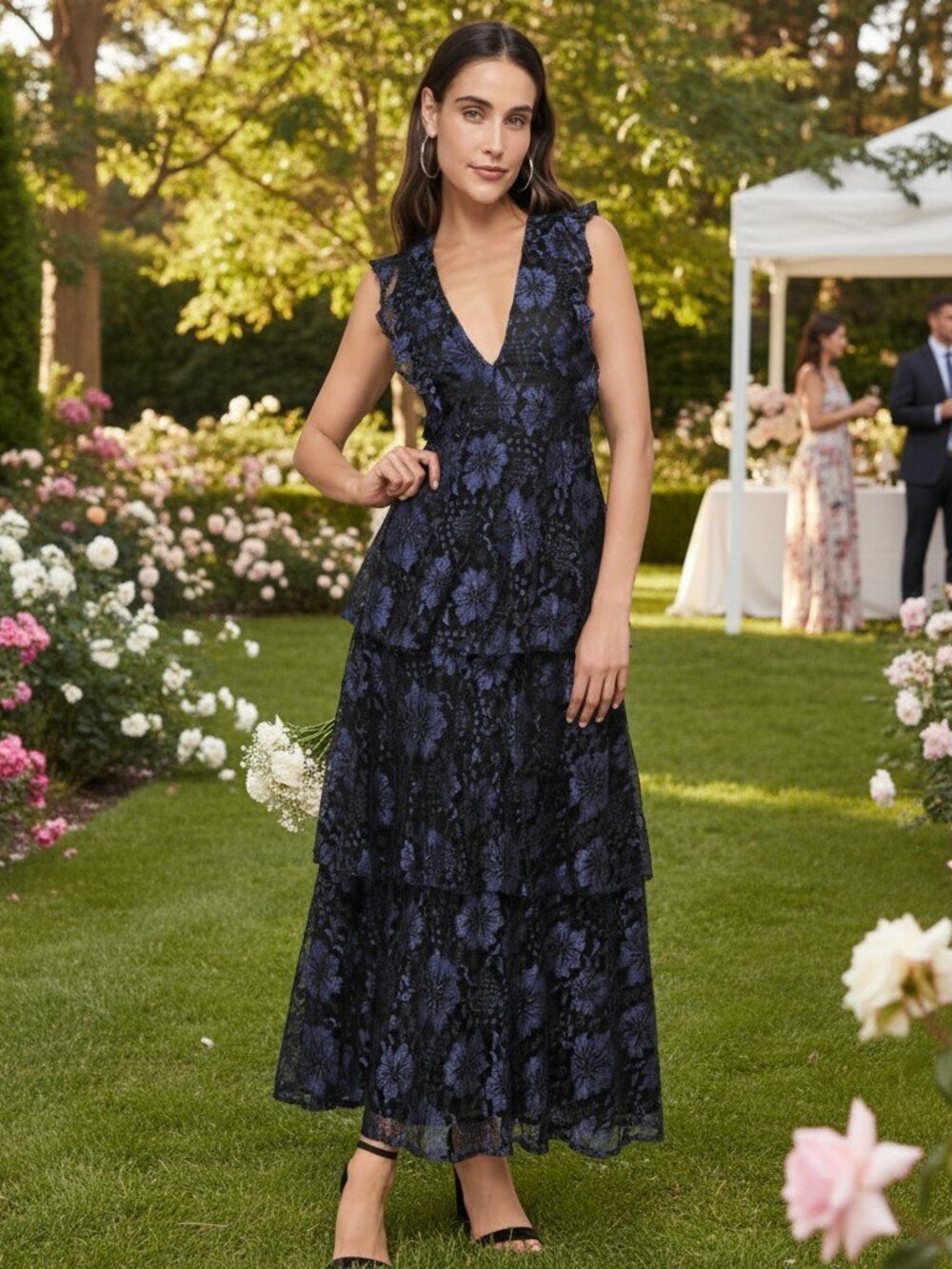 Lulus Molinetto Navy Blue Lace Ruffled Tiered Sleeveless Maxi Dress NWT - Picture 6 of 16